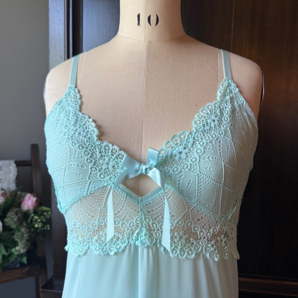 Nightgown Lace Maxi Slip Dress Mint Blue Sheer Nylon M‎ Coquette Boho 90s